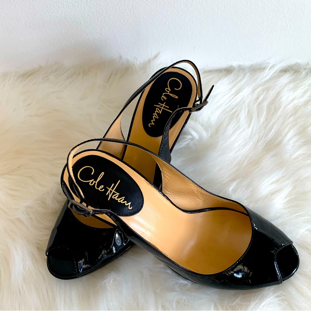 Cole Haan x Nike Air Womens Patent Leather PeepToe Slingback Sandal Black Size 8